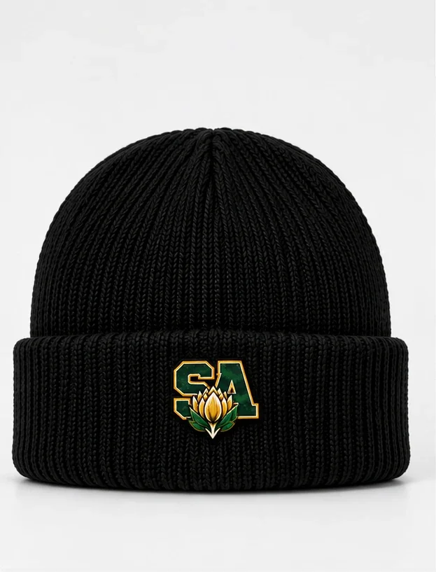Black ribbed beanie with the SA protea badge on the cuff
