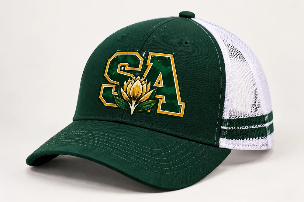 Green trucker cap with the SA protea badge and white mesh back