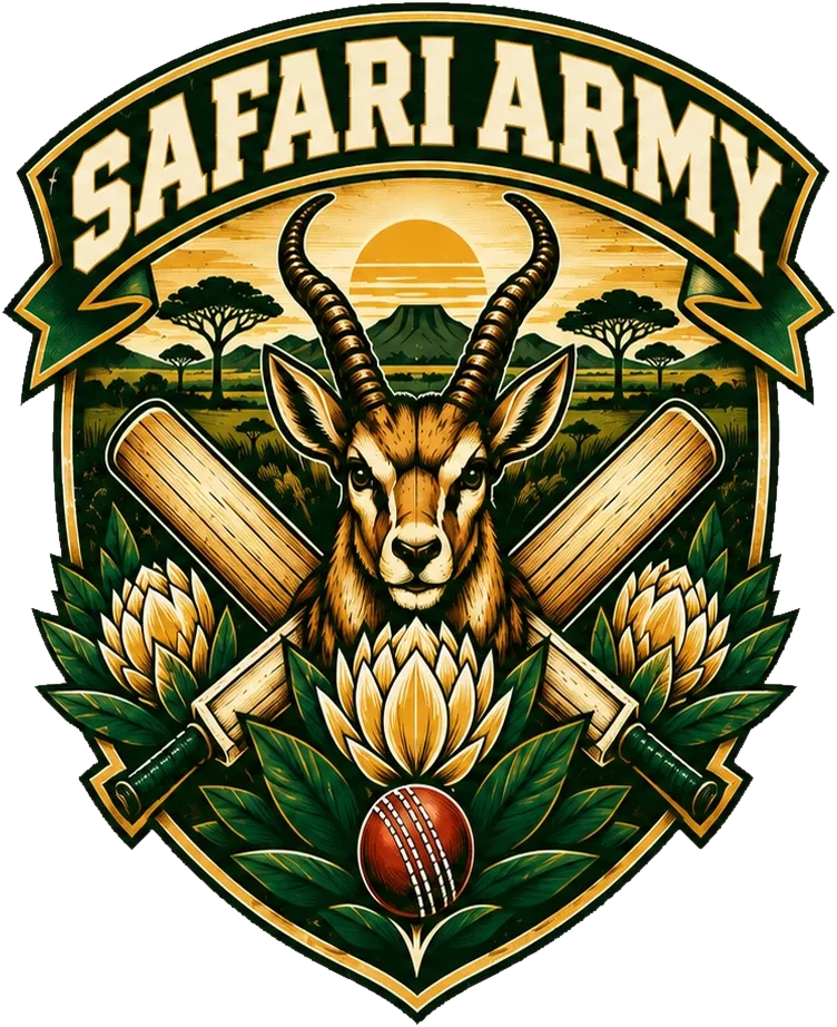 Safari Army crest: a springbok between crossed cricket bats, with king proteas and a red cricket ball