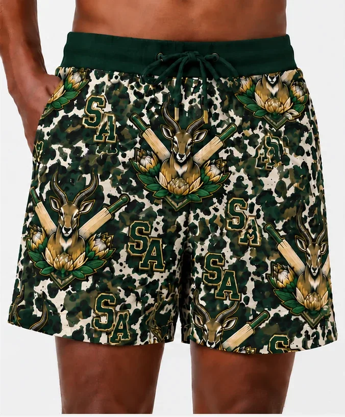 Safari camo swim shorts printed with the springbok crest and SA letters