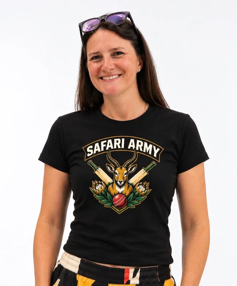 Woman wearing the black Safari Army crest tee