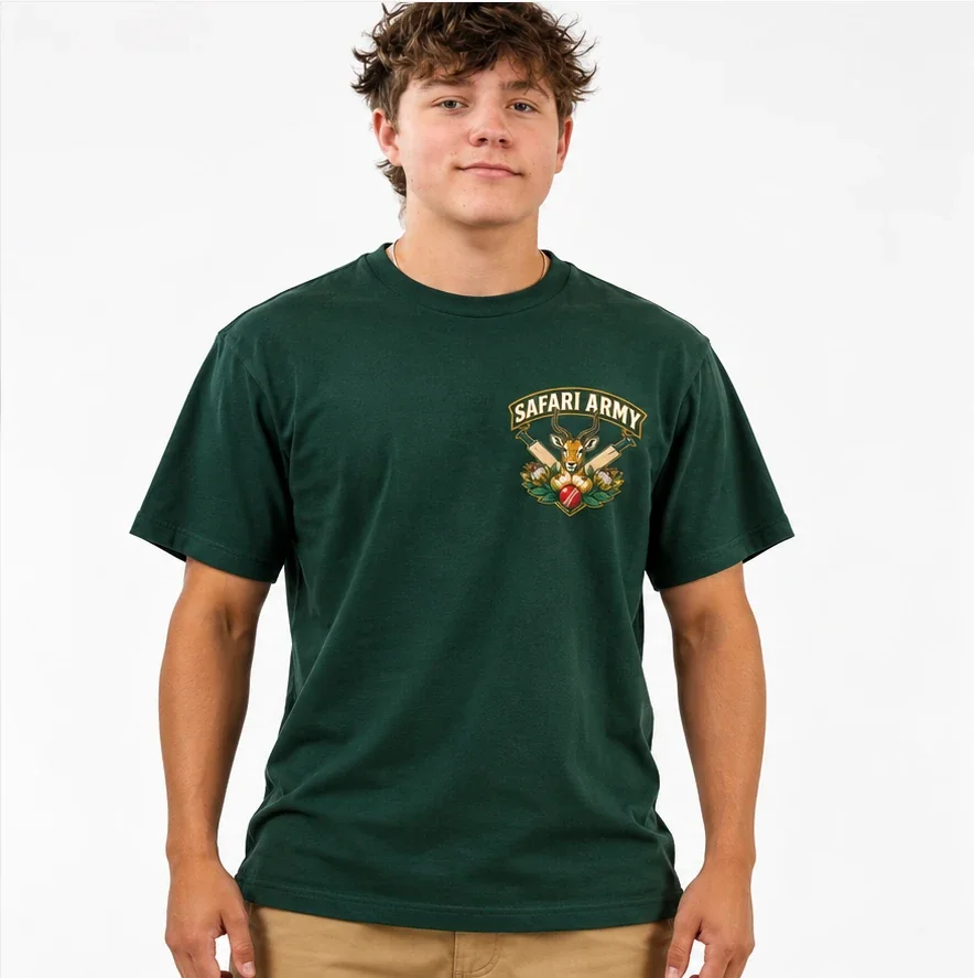 Man wearing the bottle-green tee with a small Safari Army crest on the chest
